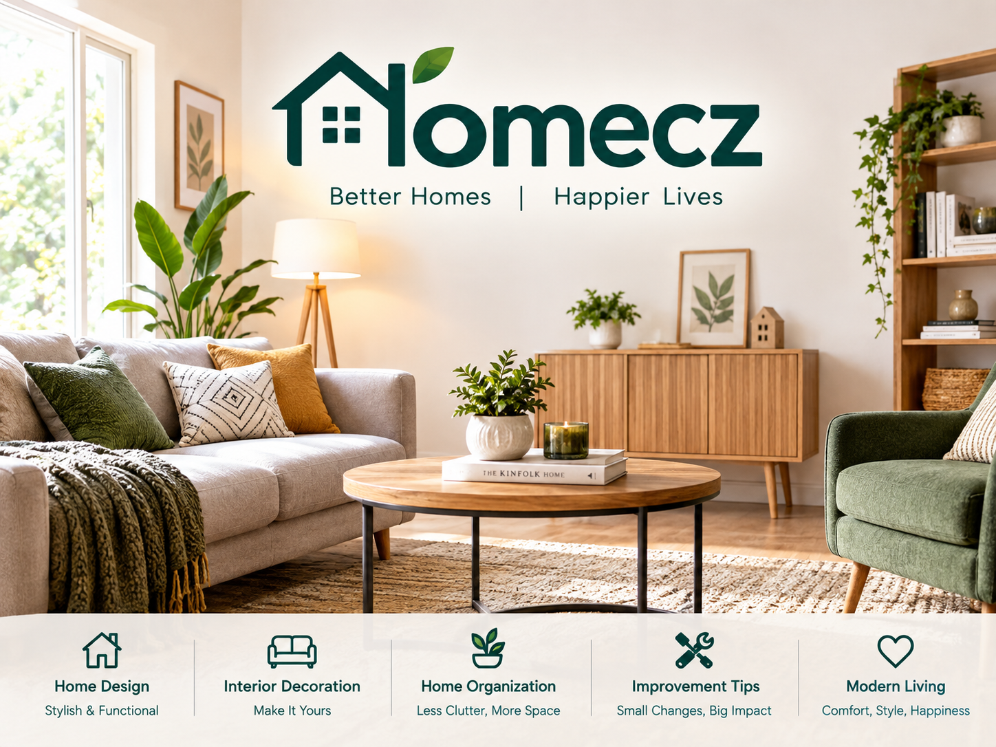 Homecz modern home living room with stylish furniture, natural lighting, indoor plants, and contemporary interior decoration.